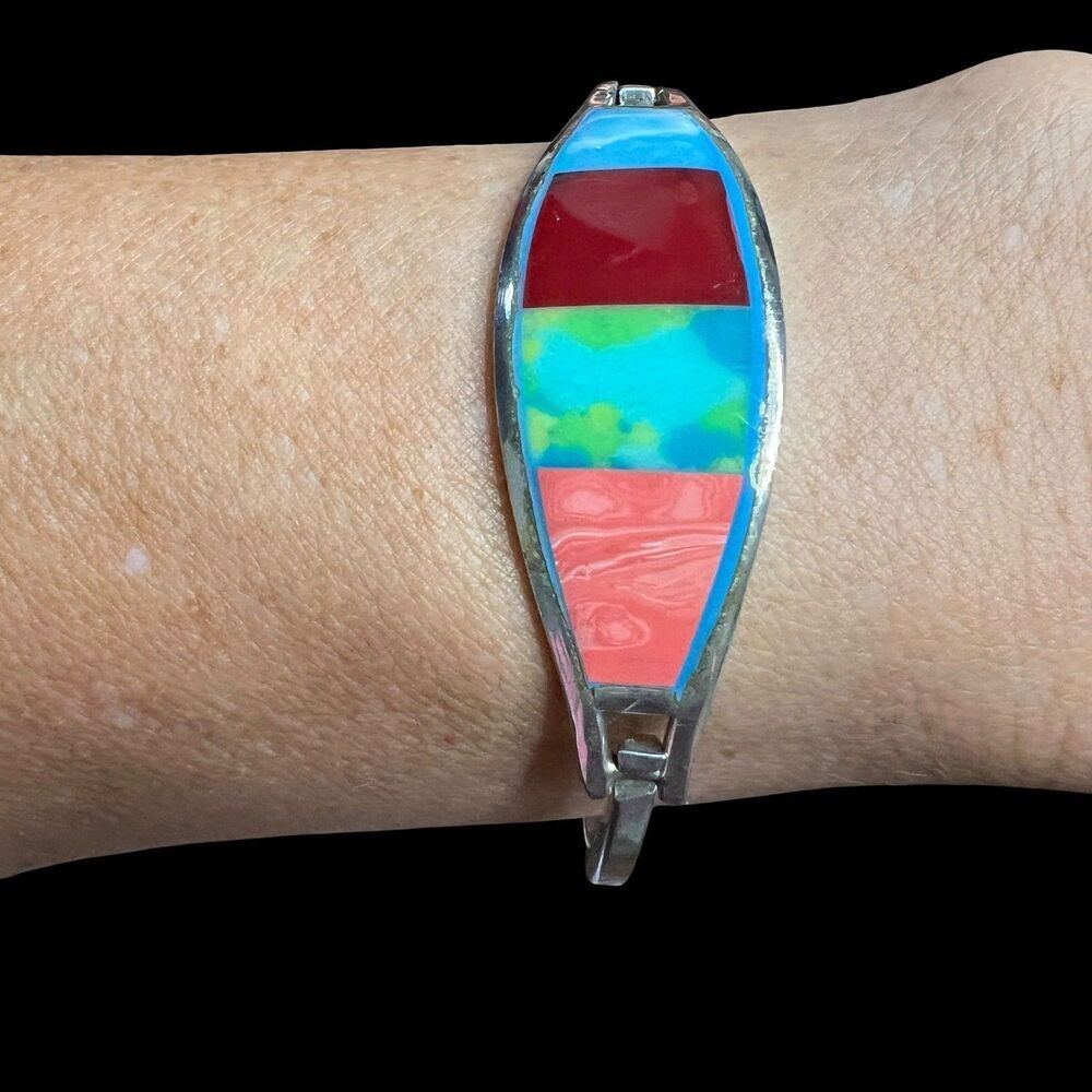 Vintage Alpaca Mexico Bangle Bracelet Multi Color Enamel Silver Tone 7.2 in